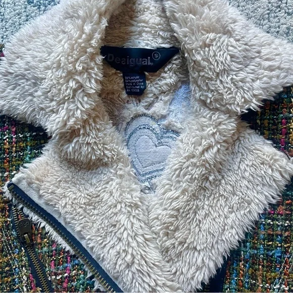 DESIGUAL Moto Patchwork Vest Tweed & Faux Sherpa Shearling Unique Design - Picture 2 of 10